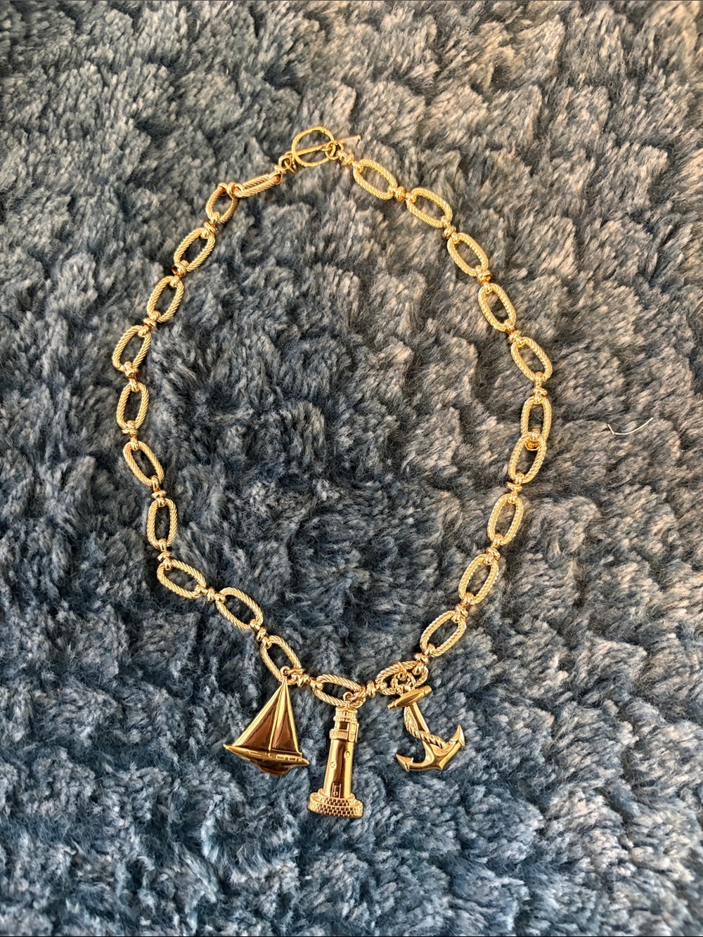 Gold Nautical Charm Necklace with Sailboat, Lighthouse & Anchor